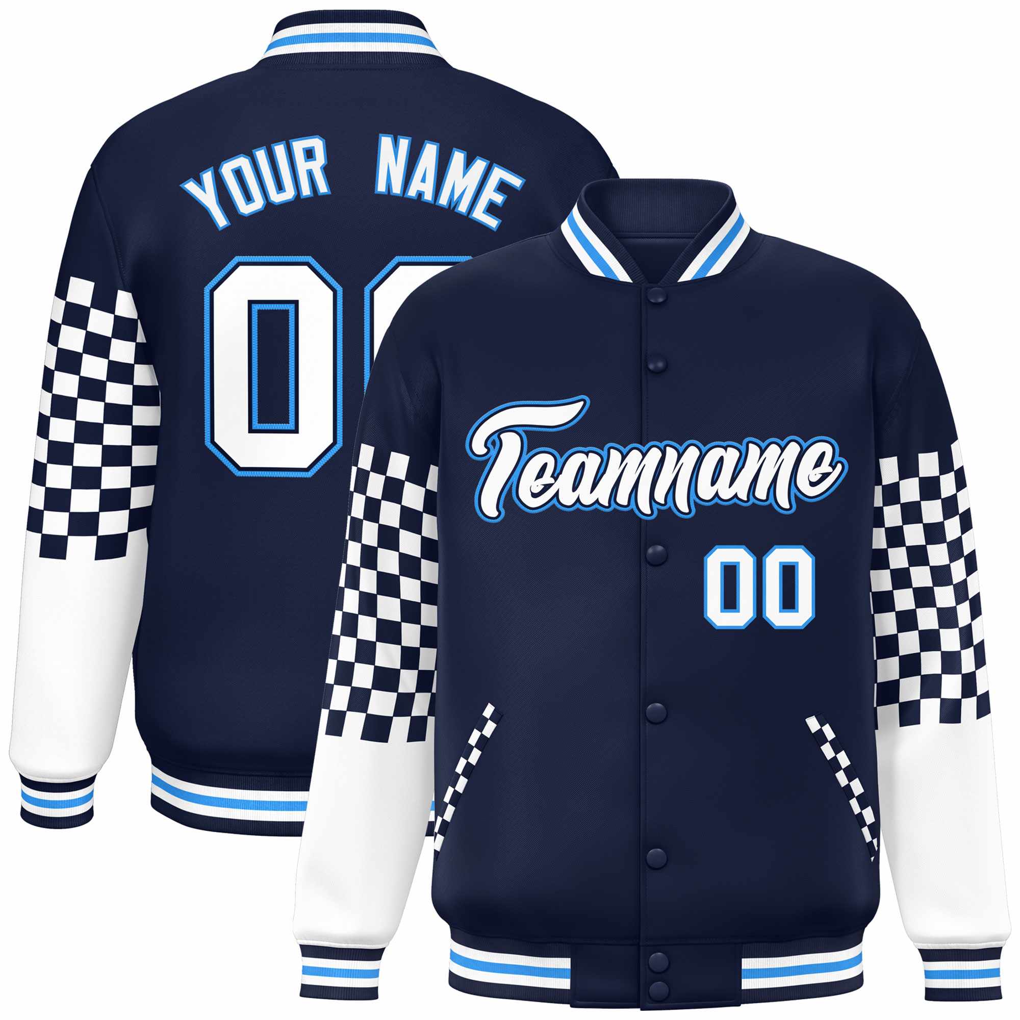 Custom Navy White-Powder Blue Checkered Pattern Color Block Bomber Varsity Jacket