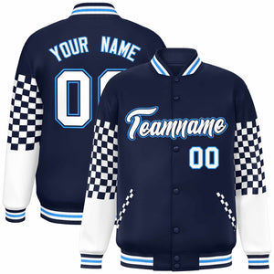 Custom Navy White-Powder Blue Checkered Pattern Color Block Bomber Varsity Jacket