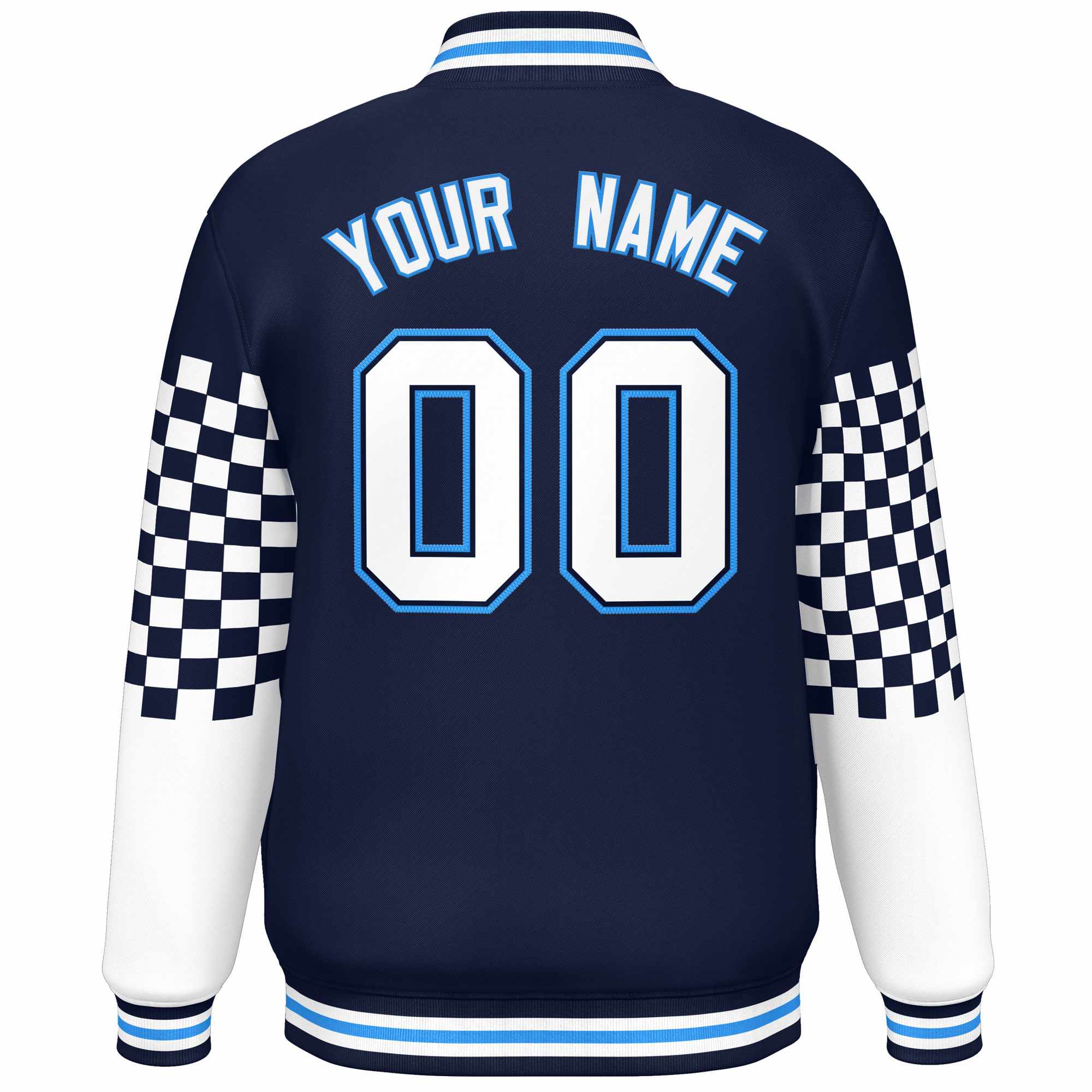 Custom Navy White-Powder Blue Checkered Pattern Color Block Bomber Varsity Jacket