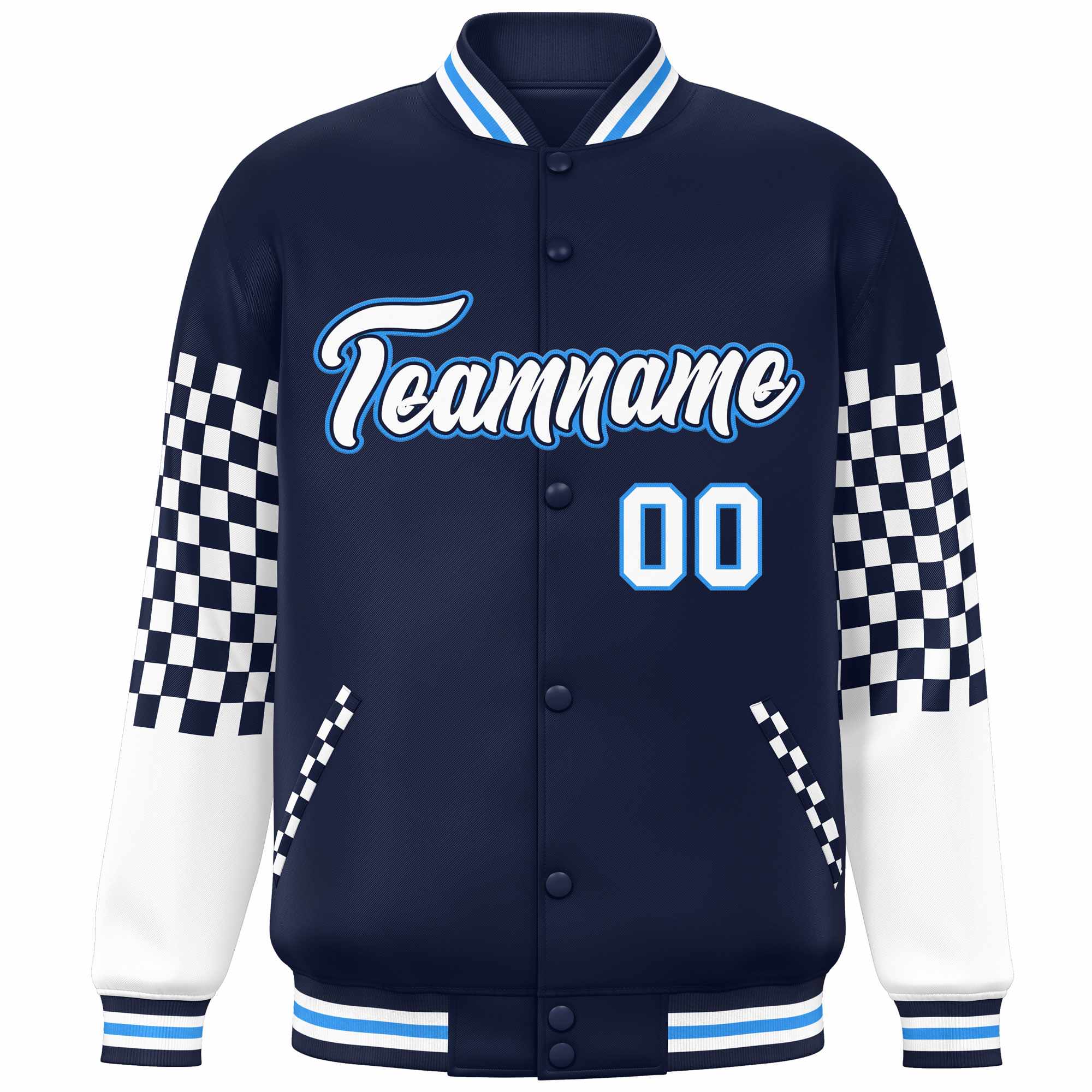 Custom Navy White-Powder Blue Checkered Pattern Color Block Bomber Varsity Jacket