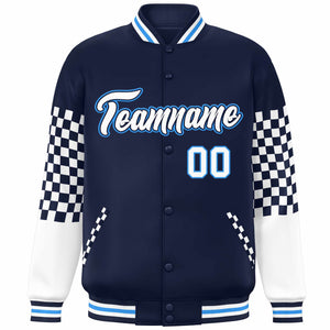 Custom Navy White-Powder Blue Checkered Pattern Color Block Bomber Varsity Jacket