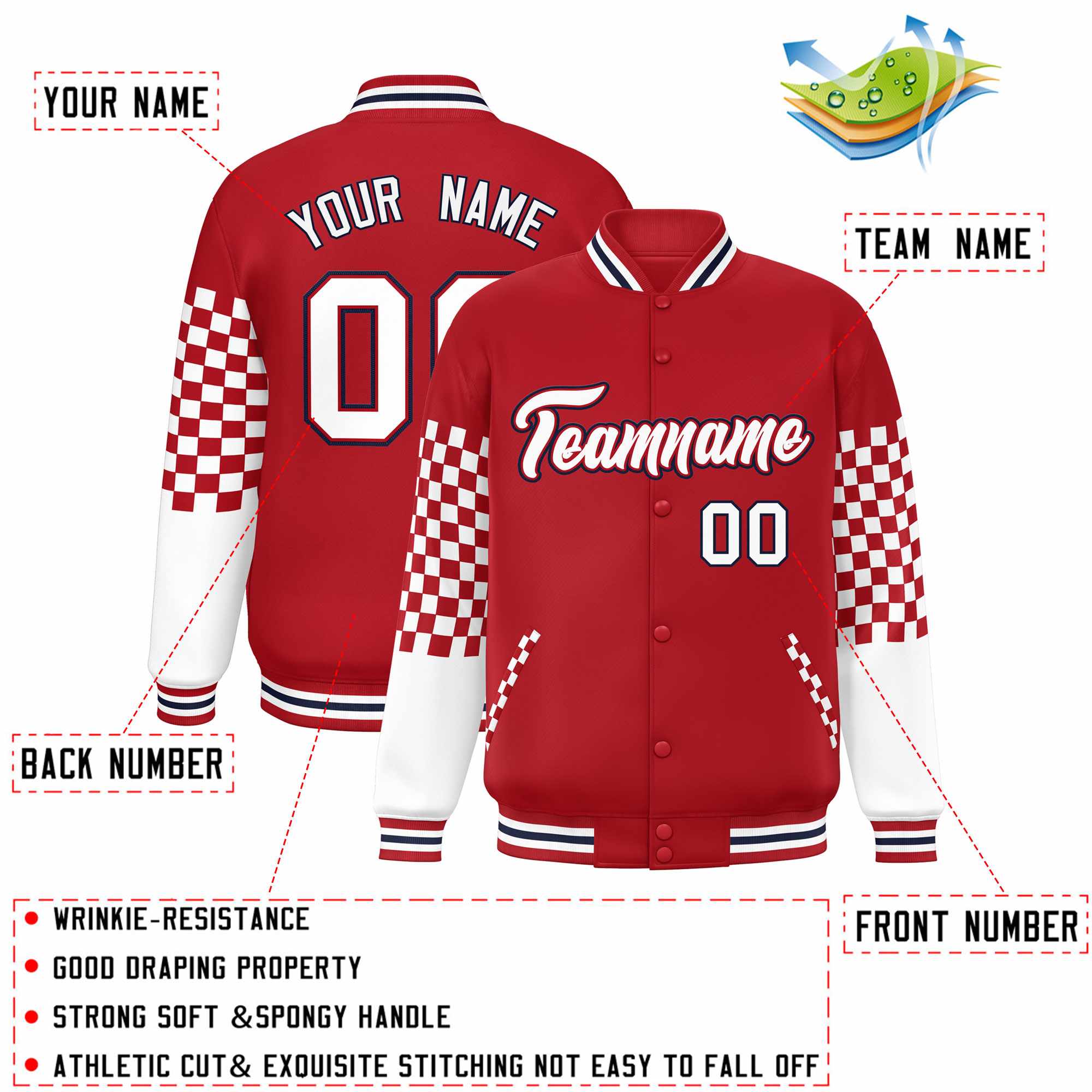 Custom Red White-Navy Checkered Pattern Color Block Bomber Varsity Jacket