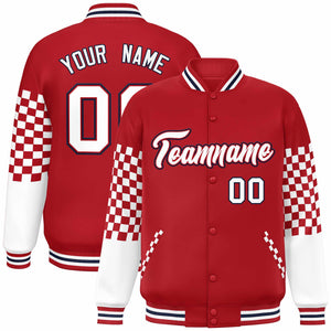 Custom Red White-Navy Checkered Pattern Color Block Bomber Varsity Jacket