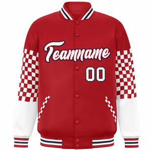 Custom Red White-Navy Checkered Pattern Color Block Bomber Varsity Jacket