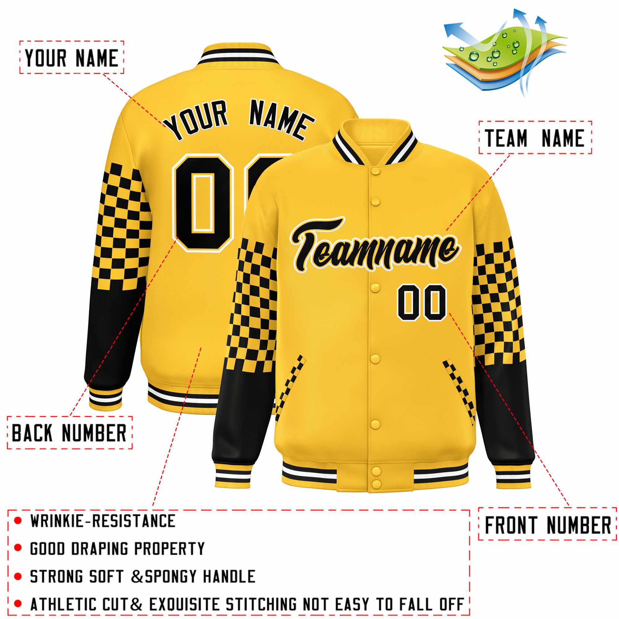 Custom Gold Black-White Checkered Pattern Color Block Bomber Varsity Jacket