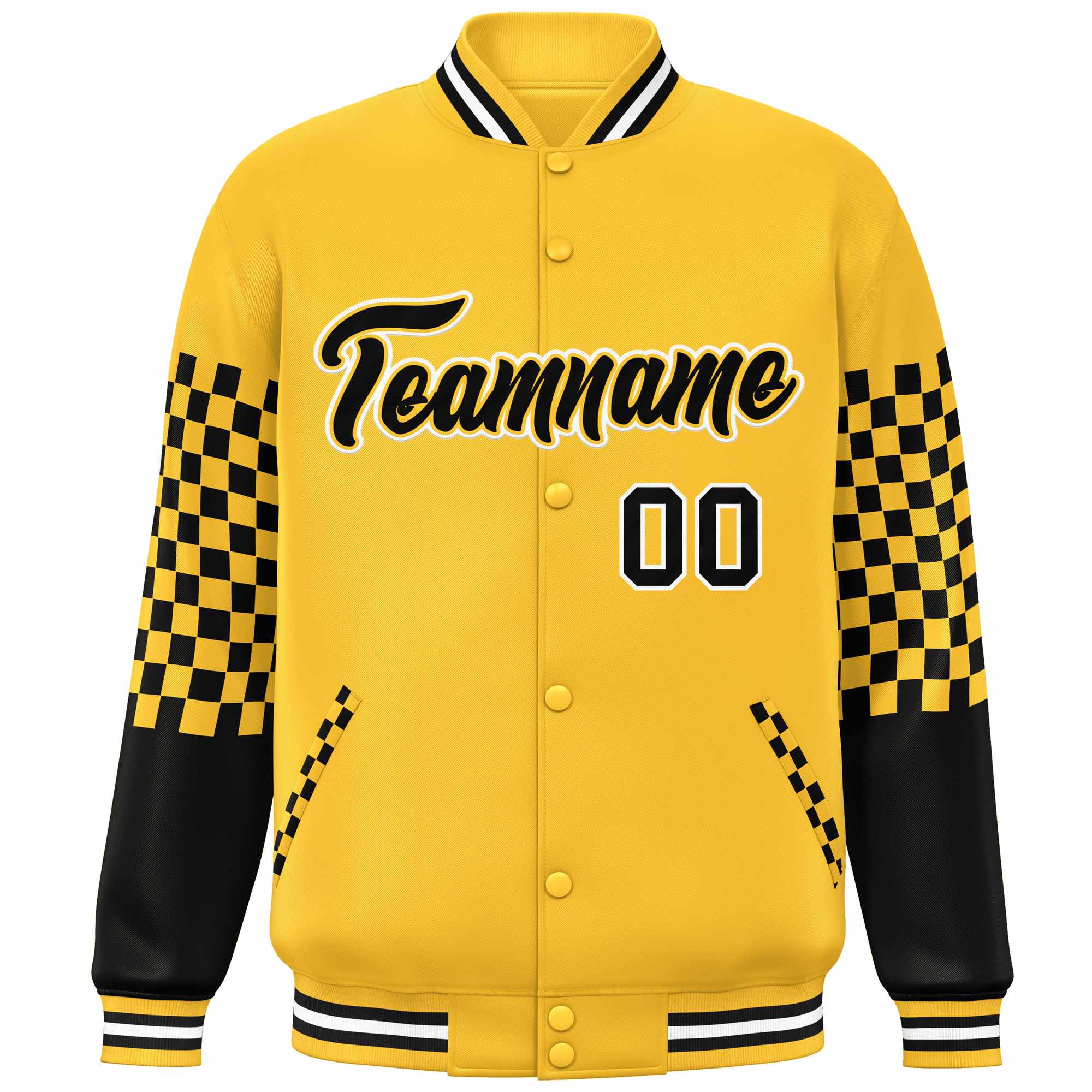 Custom Gold Black-White Checkered Pattern Color Block Bomber Varsity Jacket