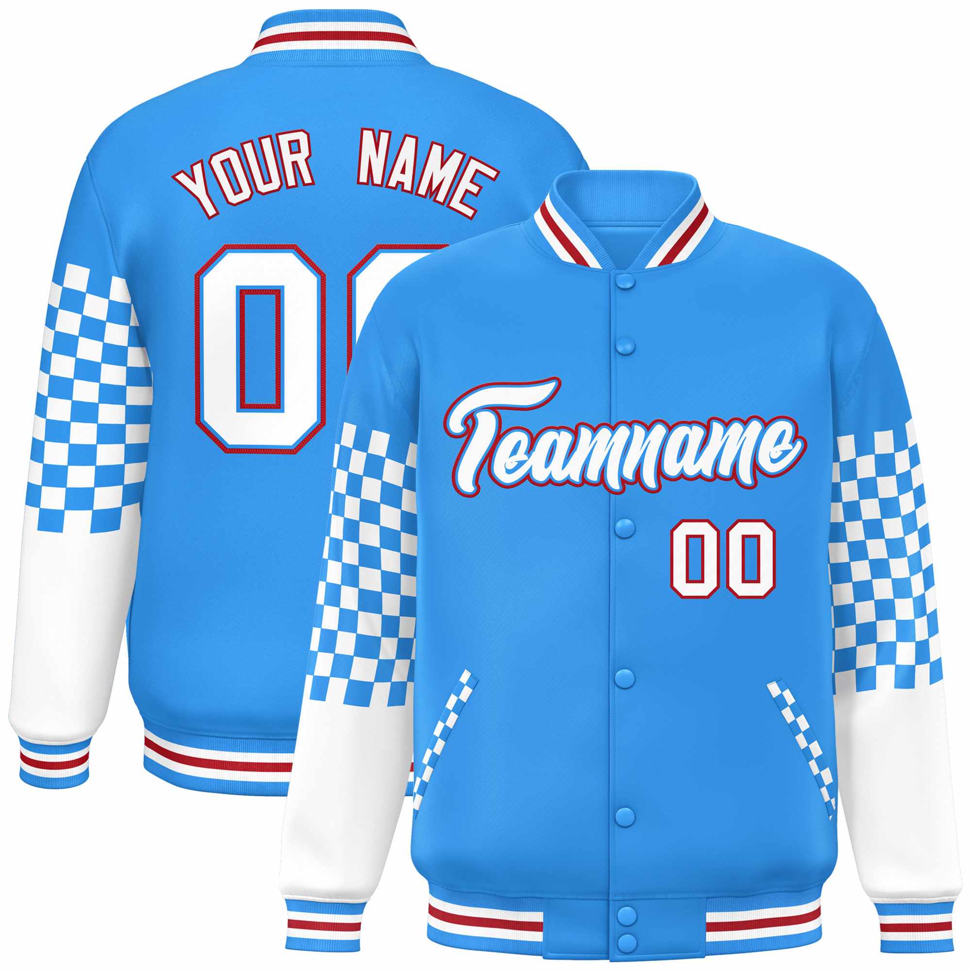 Custom Powder Blue White-Red Checkered Pattern Color Block Bomber Varsity Jacket