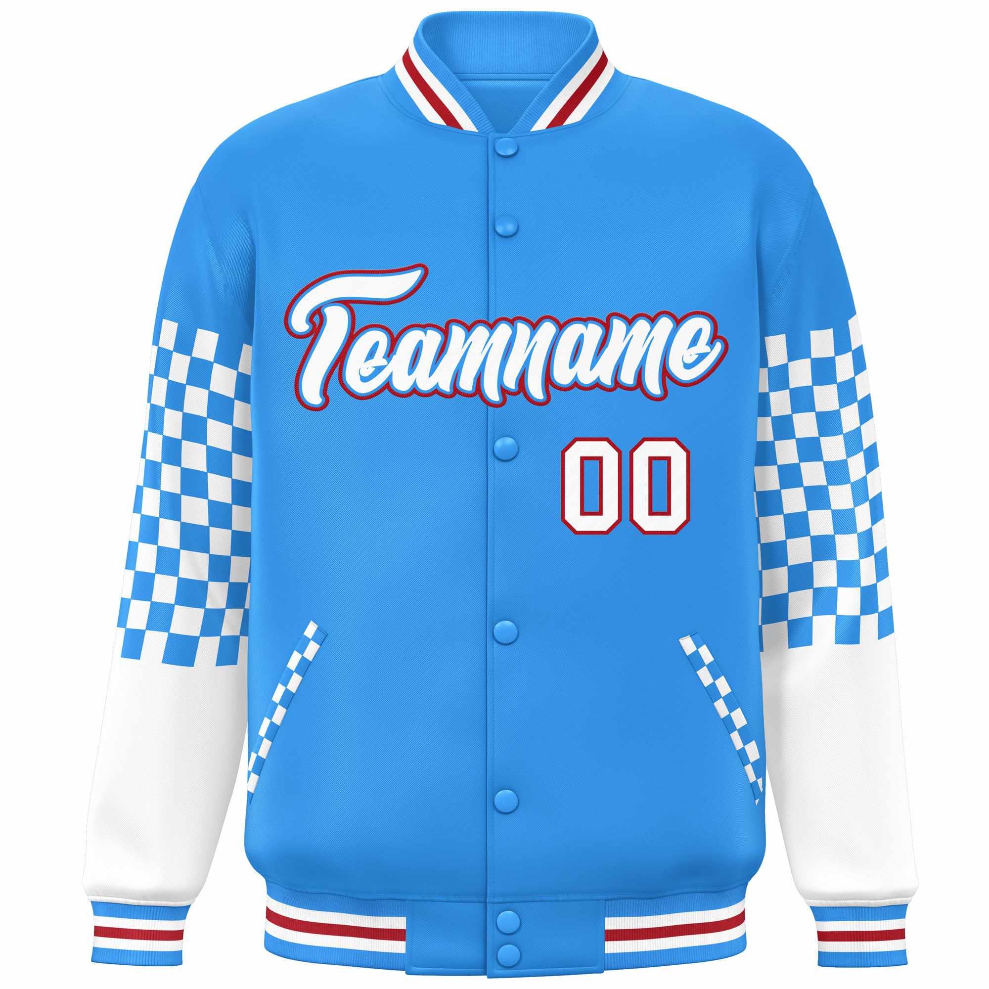 Custom Powder Blue White-Red Checkered Pattern Color Block Bomber Varsity Jacket