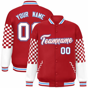 Custom Red White-Powder Blue Checkered Pattern Color Block Bomber Varsity Jacket