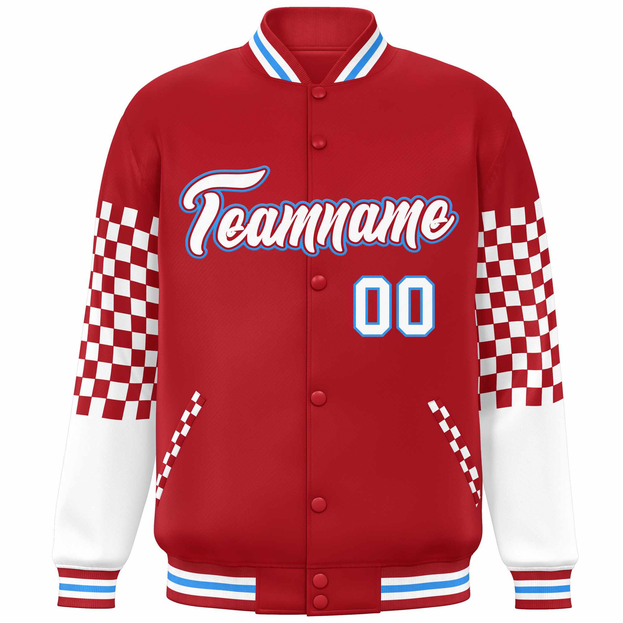 Custom Red White-Powder Blue Checkered Pattern Color Block Bomber Varsity Jacket