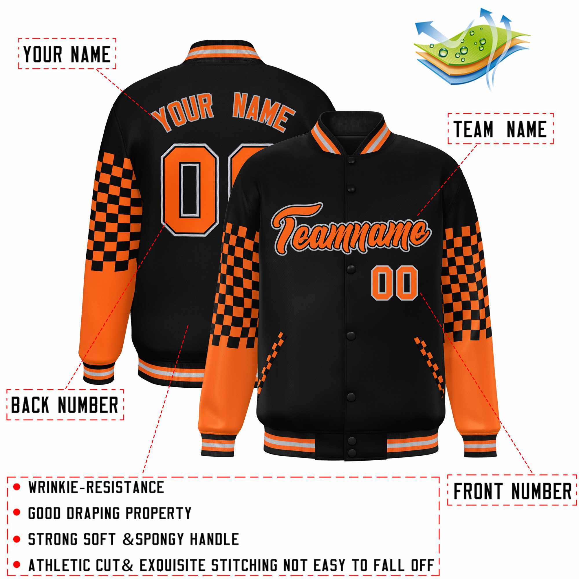 Custom Black Orange-Gray Checkered Pattern Color Block Bomber Varsity Jacket