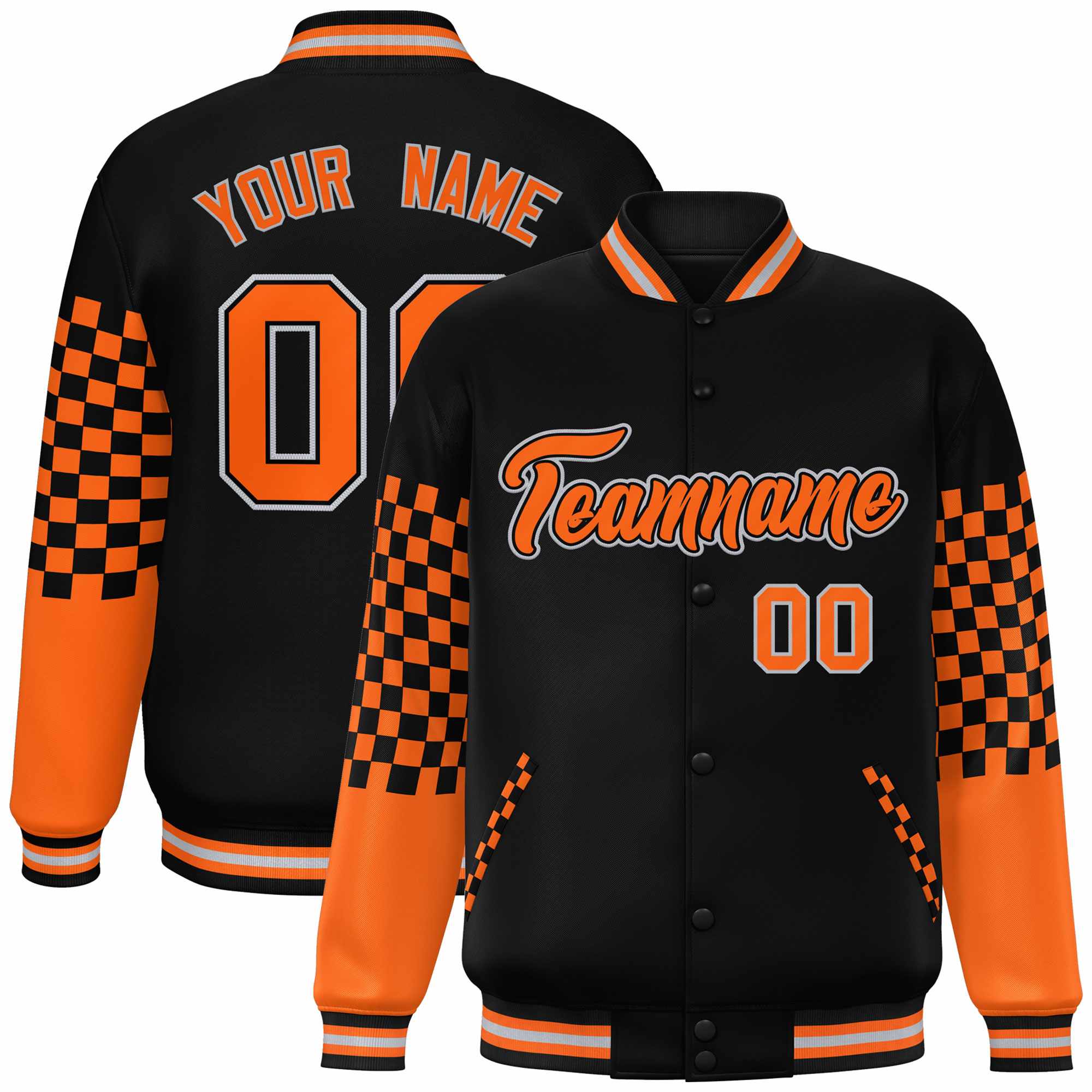 Custom Black Orange-Gray Checkered Pattern Color Block Bomber Varsity Jacket