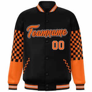 Custom Black Orange-Gray Checkered Pattern Color Block Bomber Varsity Jacket