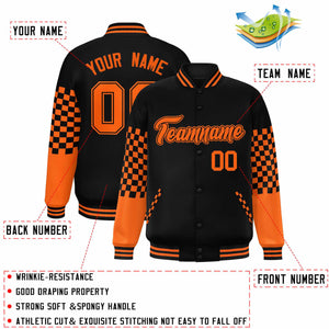 Custom Black Orange Checkered Pattern Color Block Bomber Varsity Jacket