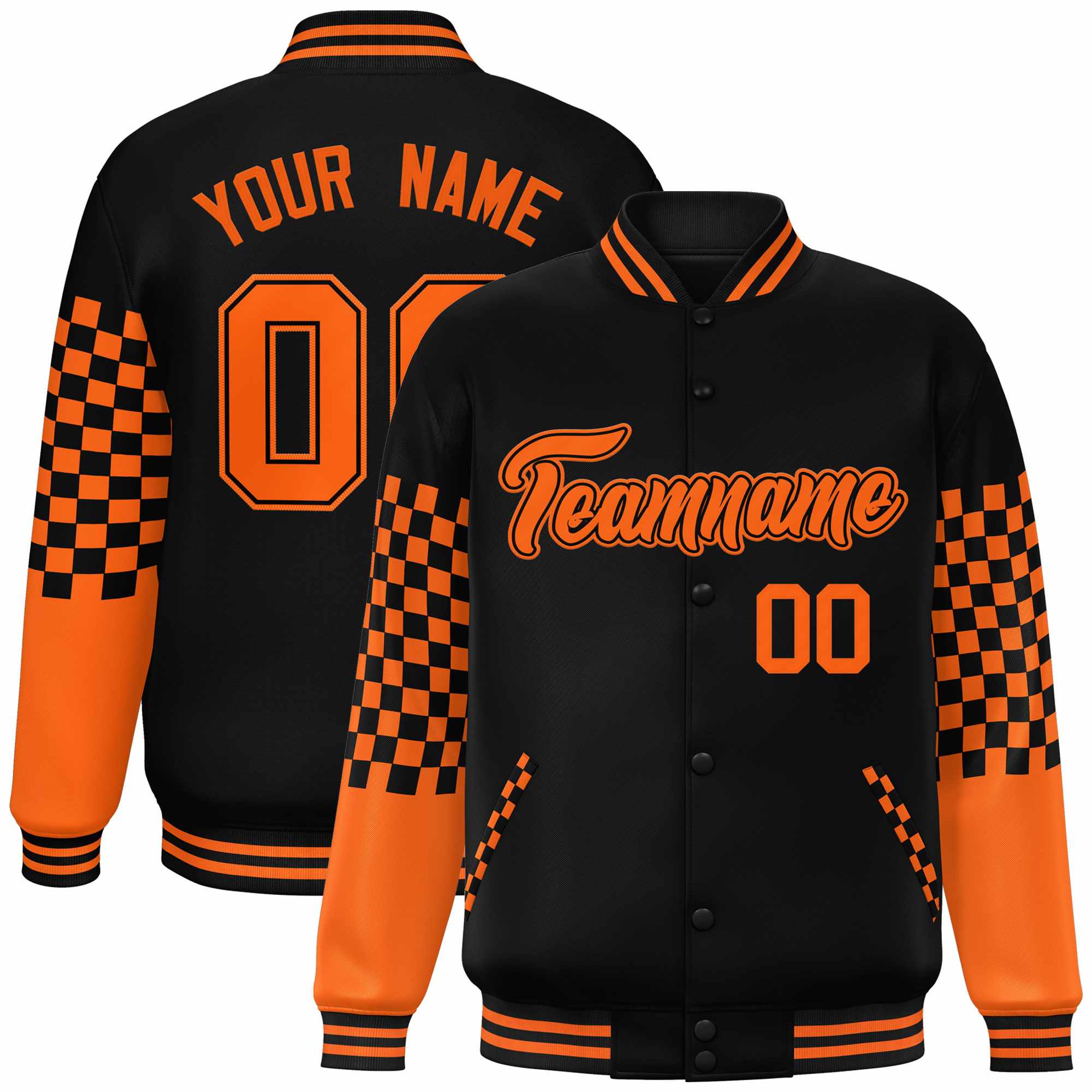 Custom Black Orange Checkered Pattern Color Block Bomber Varsity Jacket