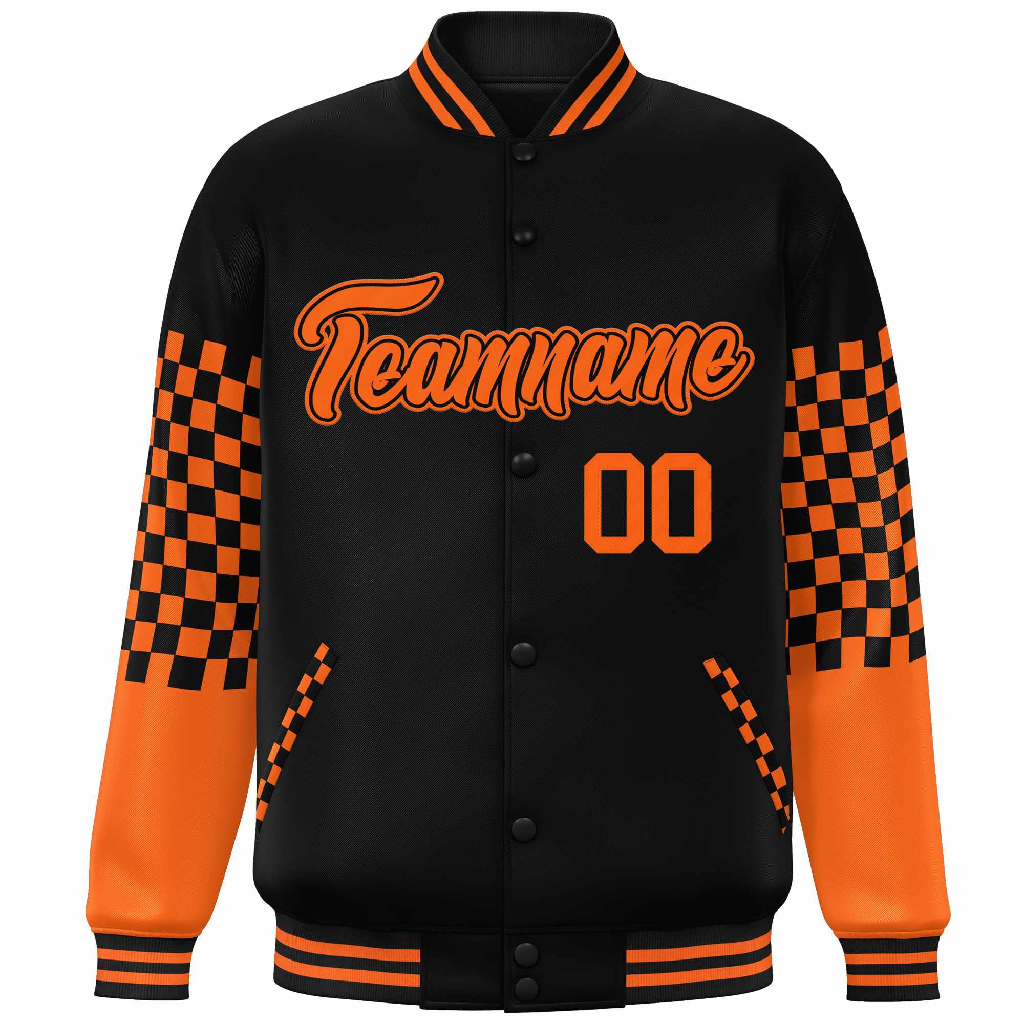 Custom Black Orange Checkered Pattern Color Block Bomber Varsity Jacket