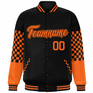 Custom Black Orange Checkered Pattern Color Block Bomber Varsity Jacket