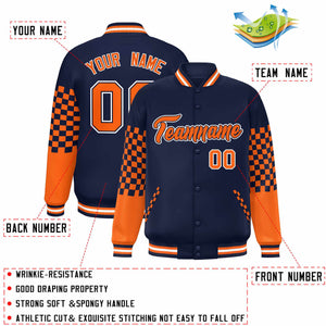 Custom Navy Orange-White Checkered Pattern Color Block Bomber Varsity Jacket