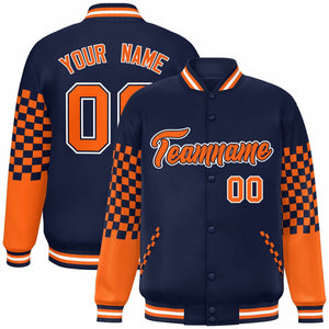 Custom Navy Orange-White Checkered Pattern Color Block Bomber Varsity Jacket