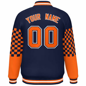 Custom Navy Orange-White Checkered Pattern Color Block Bomber Varsity Jacket