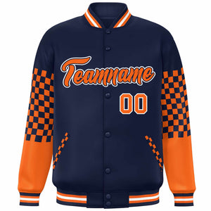 Custom Navy Orange-White Checkered Pattern Color Block Bomber Varsity Jacket