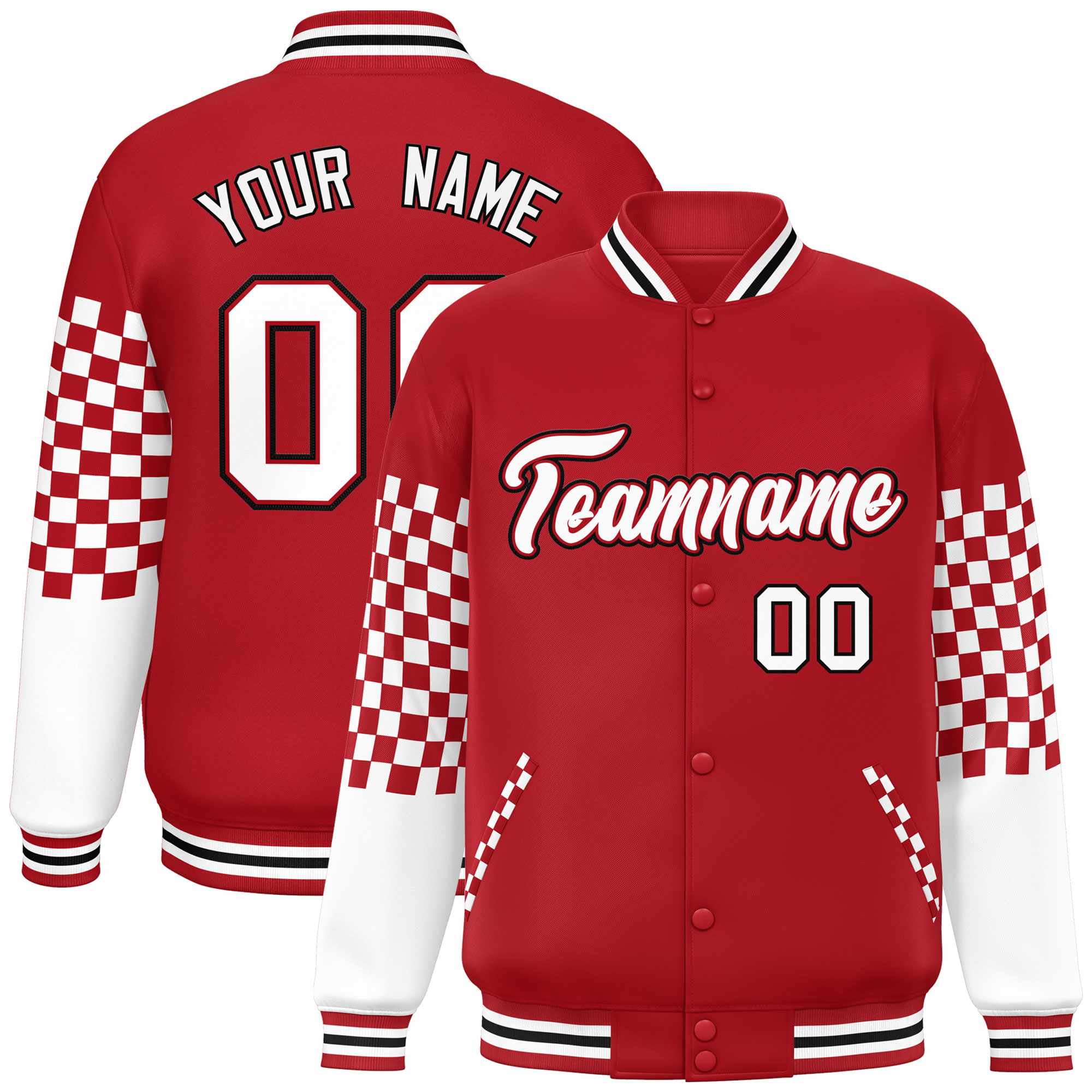 Custom Red White-Black Checkered Pattern Color Block Bomber Varsity Jacket