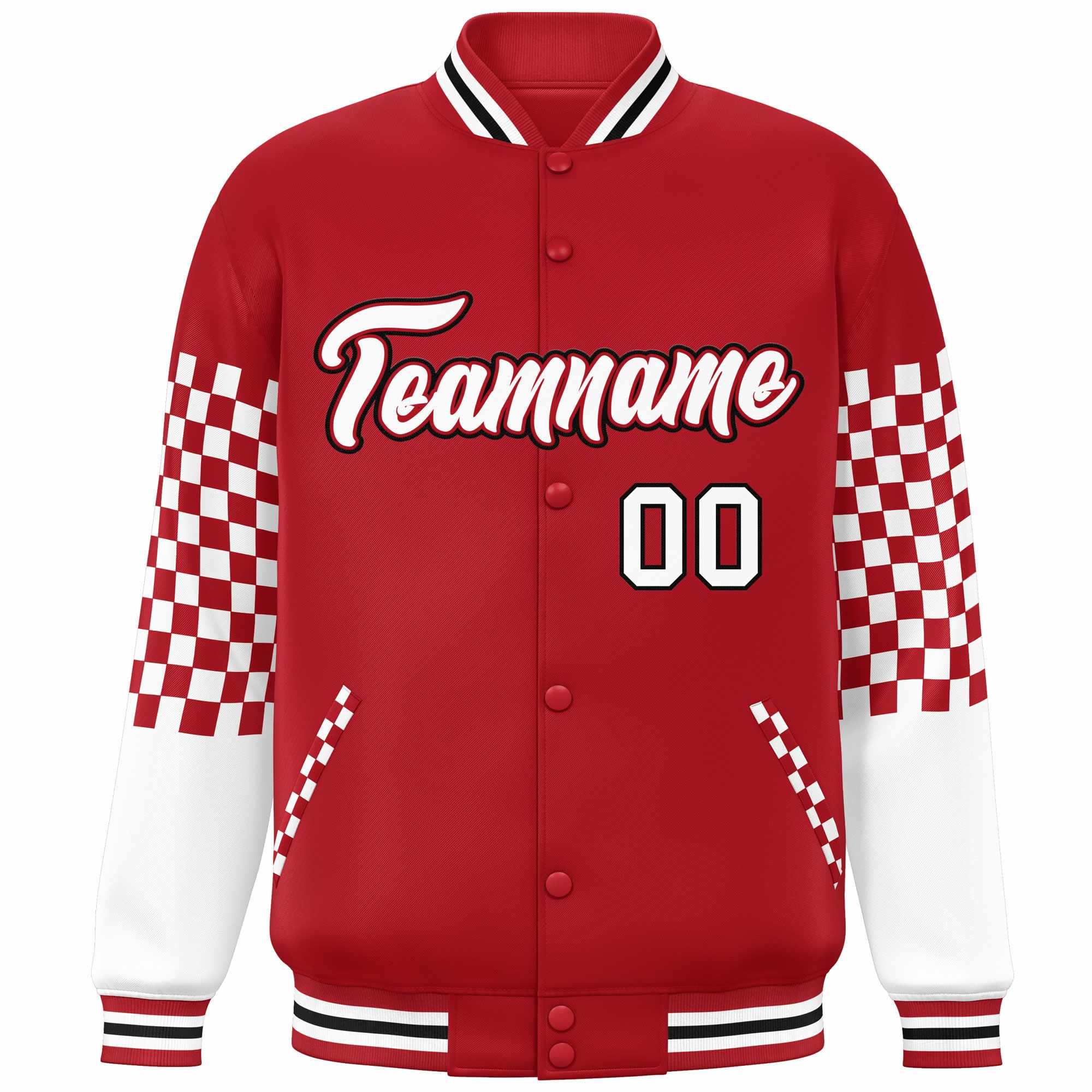 Custom Red White-Black Checkered Pattern Color Block Bomber Varsity Jacket