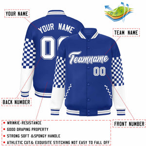 Custom Royal White-Gray Checkered Pattern Color Block Bomber Varsity Jacket