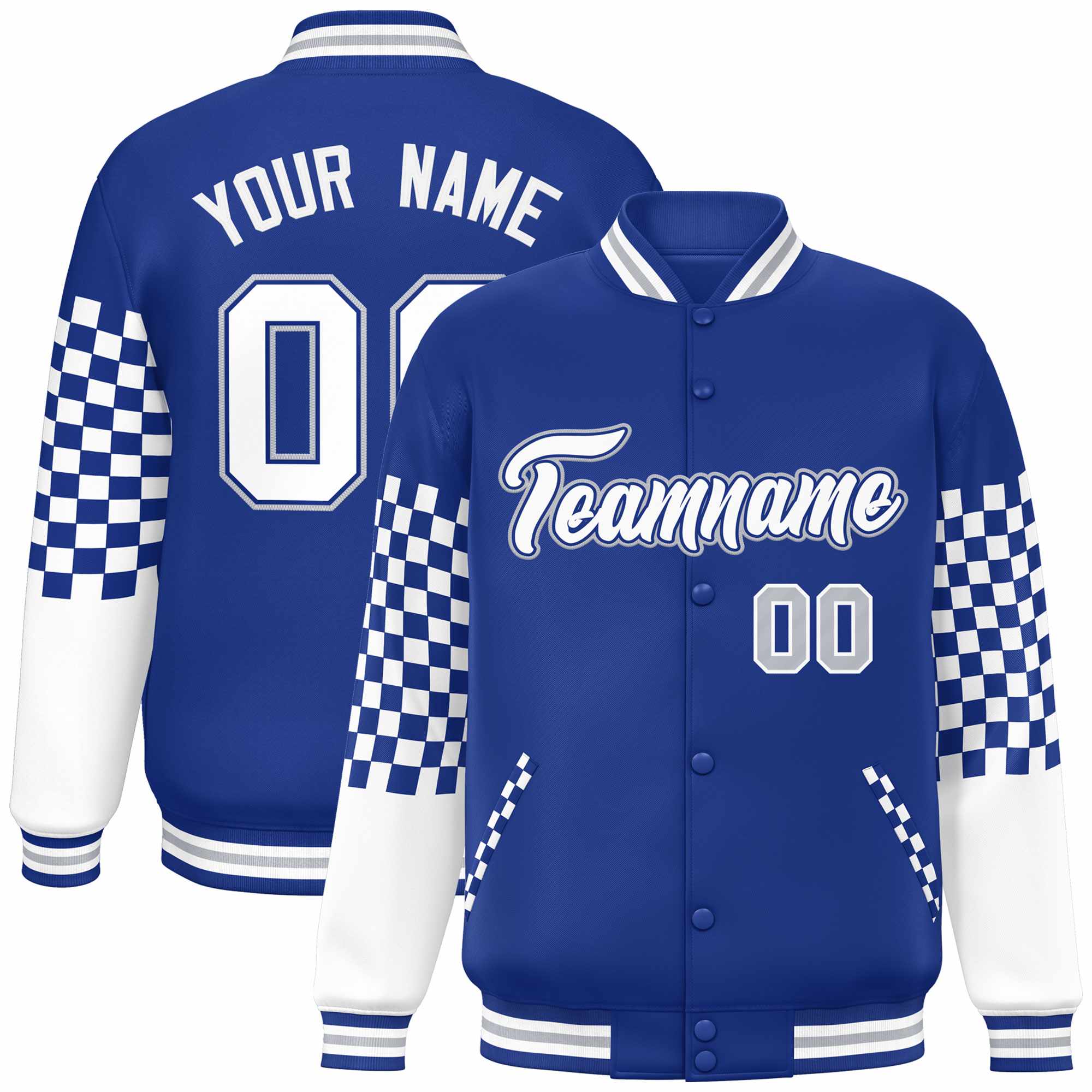 Custom Royal White-Gray Checkered Pattern Color Block Bomber Varsity Jacket