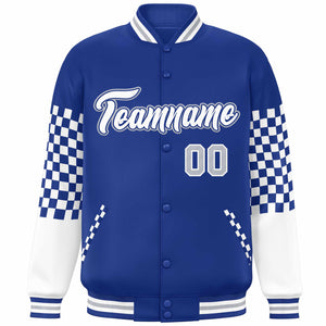 Custom Royal White-Gray Checkered Pattern Color Block Bomber Varsity Jacket