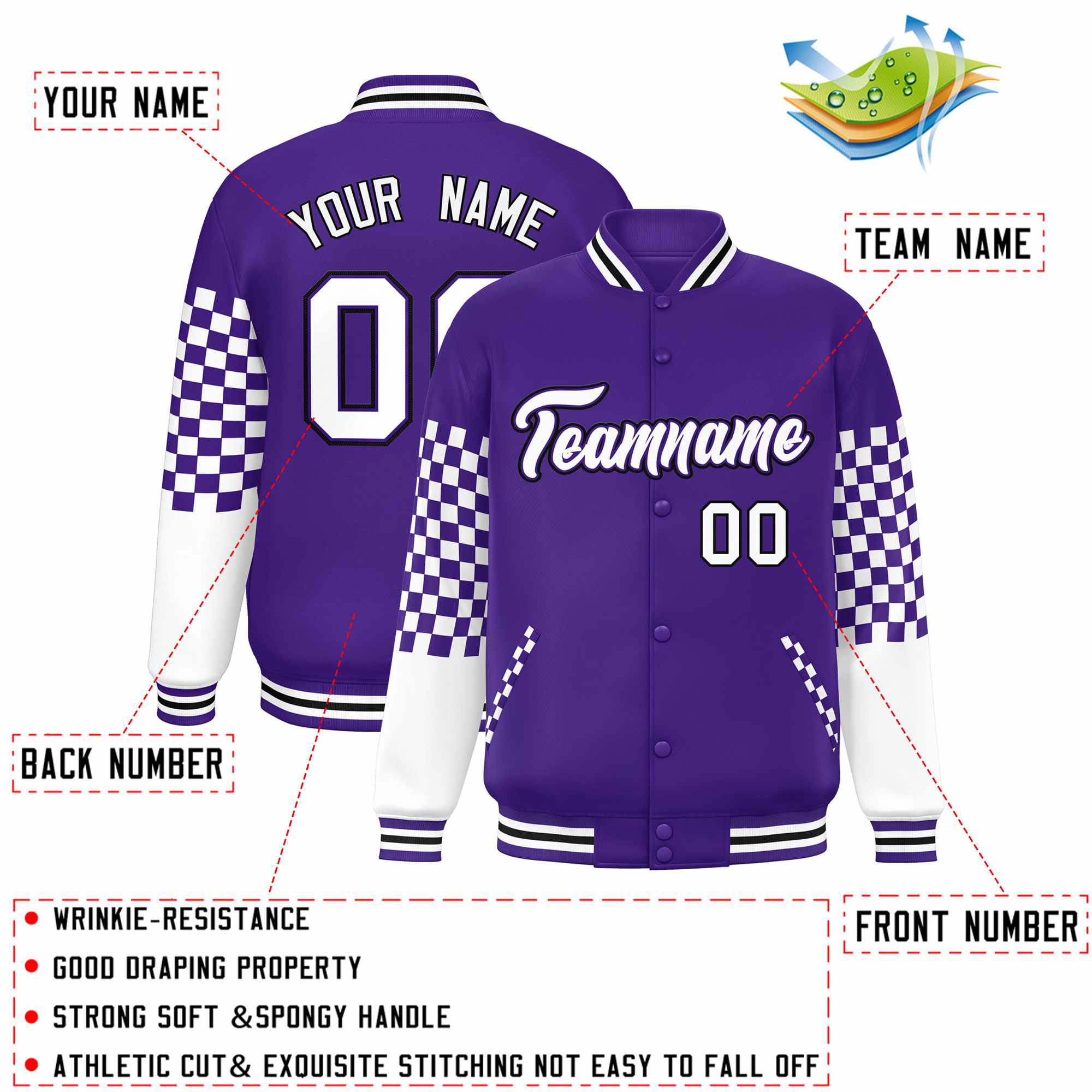 Custom Purple White-Black Checkered Pattern Color Block Bomber Varsity Jacket