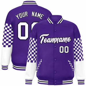 Custom Purple White-Black Checkered Pattern Color Block Bomber Varsity Jacket