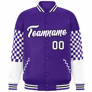 Custom Purple White-Black Checkered Pattern Color Block Bomber Varsity Jacket