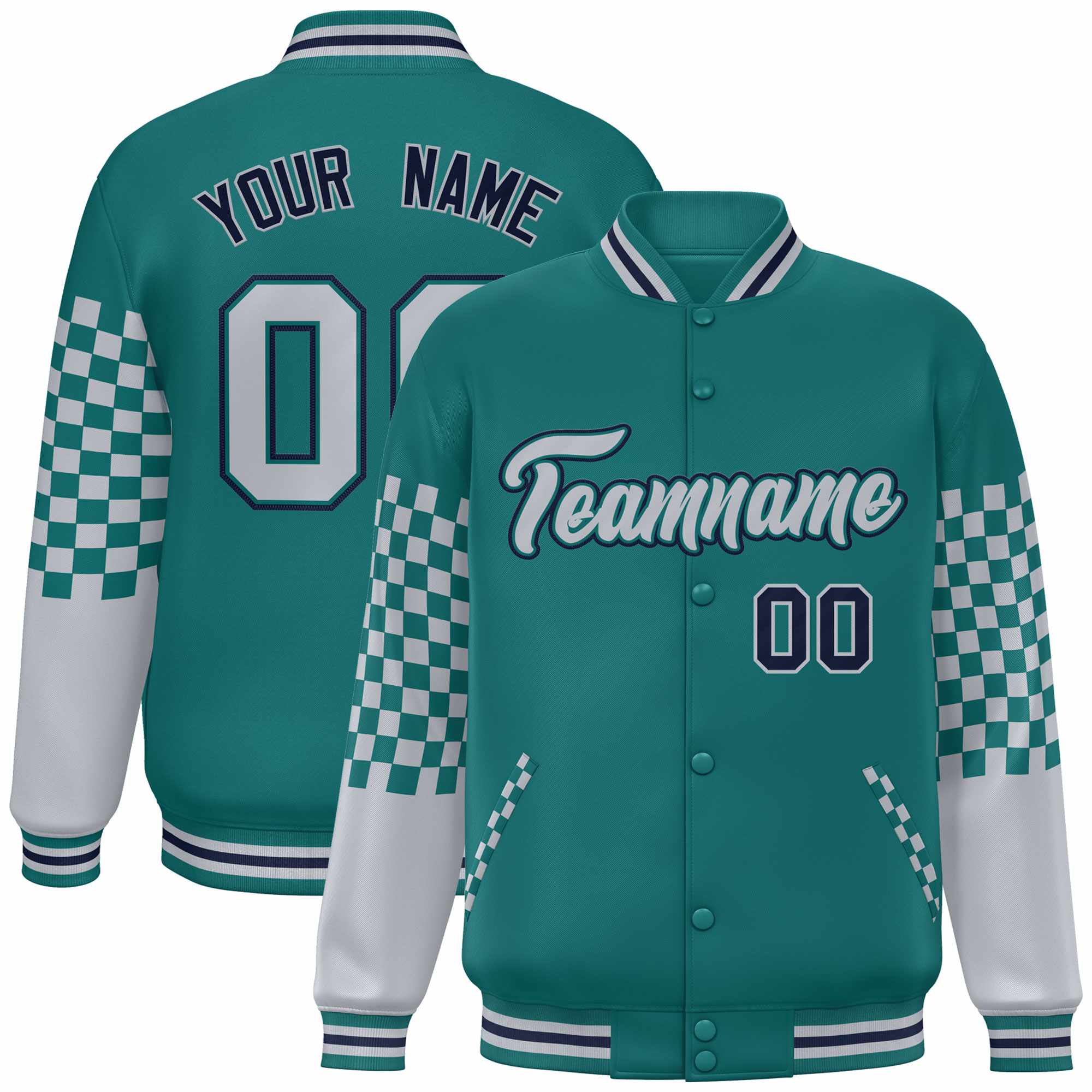 Custom Aqua Gray-Navy Checkered Pattern Color Block Bomber Varsity Jacket