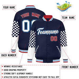 Custom Navy White-Powder Blue Checkered Pattern Color Block Bomber Varsity Jacket