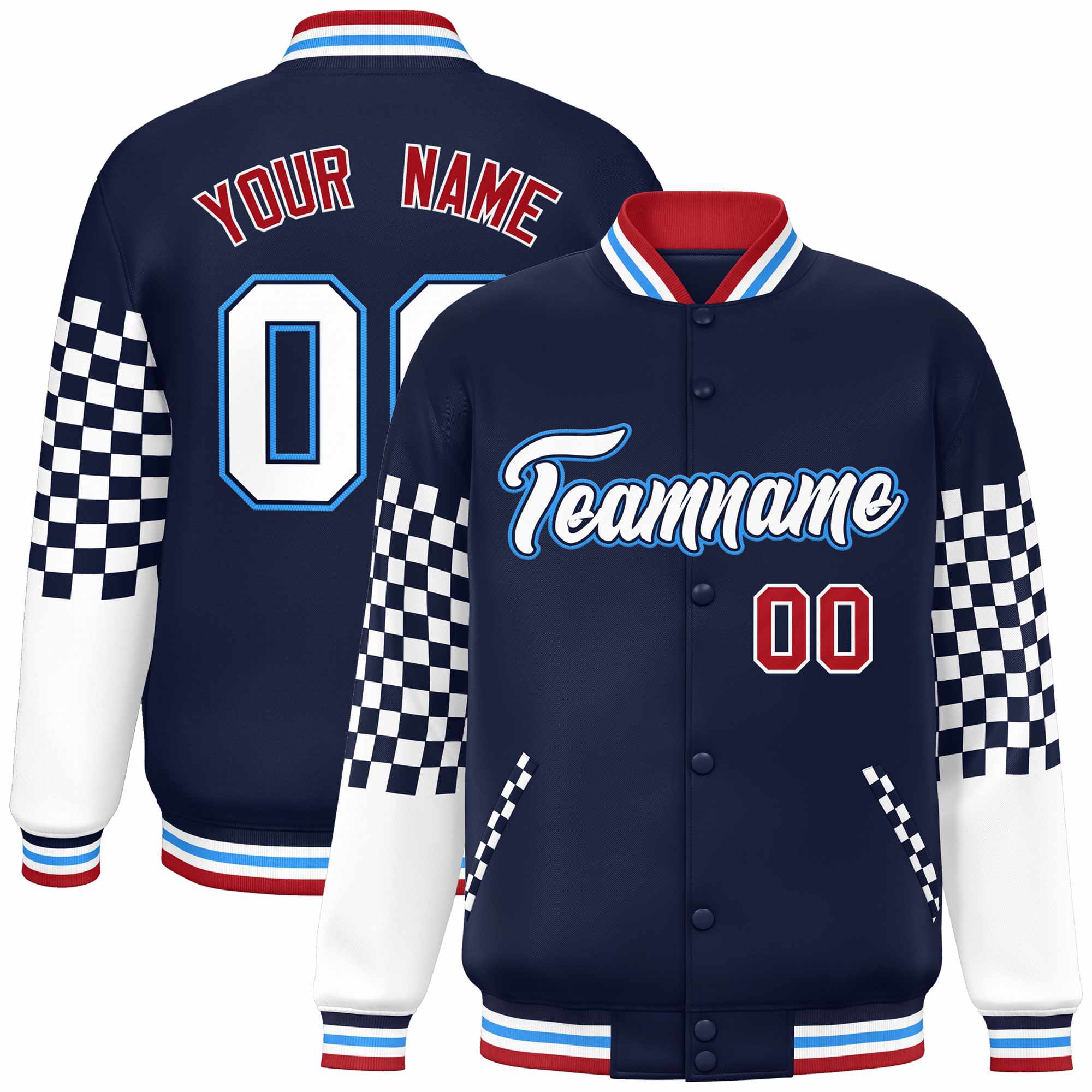 Custom Navy White-Powder Blue Checkered Pattern Color Block Bomber Varsity Jacket