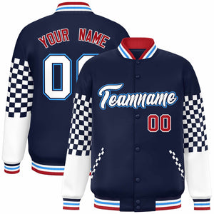 Custom Navy White-Powder Blue Checkered Pattern Color Block Bomber Varsity Jacket