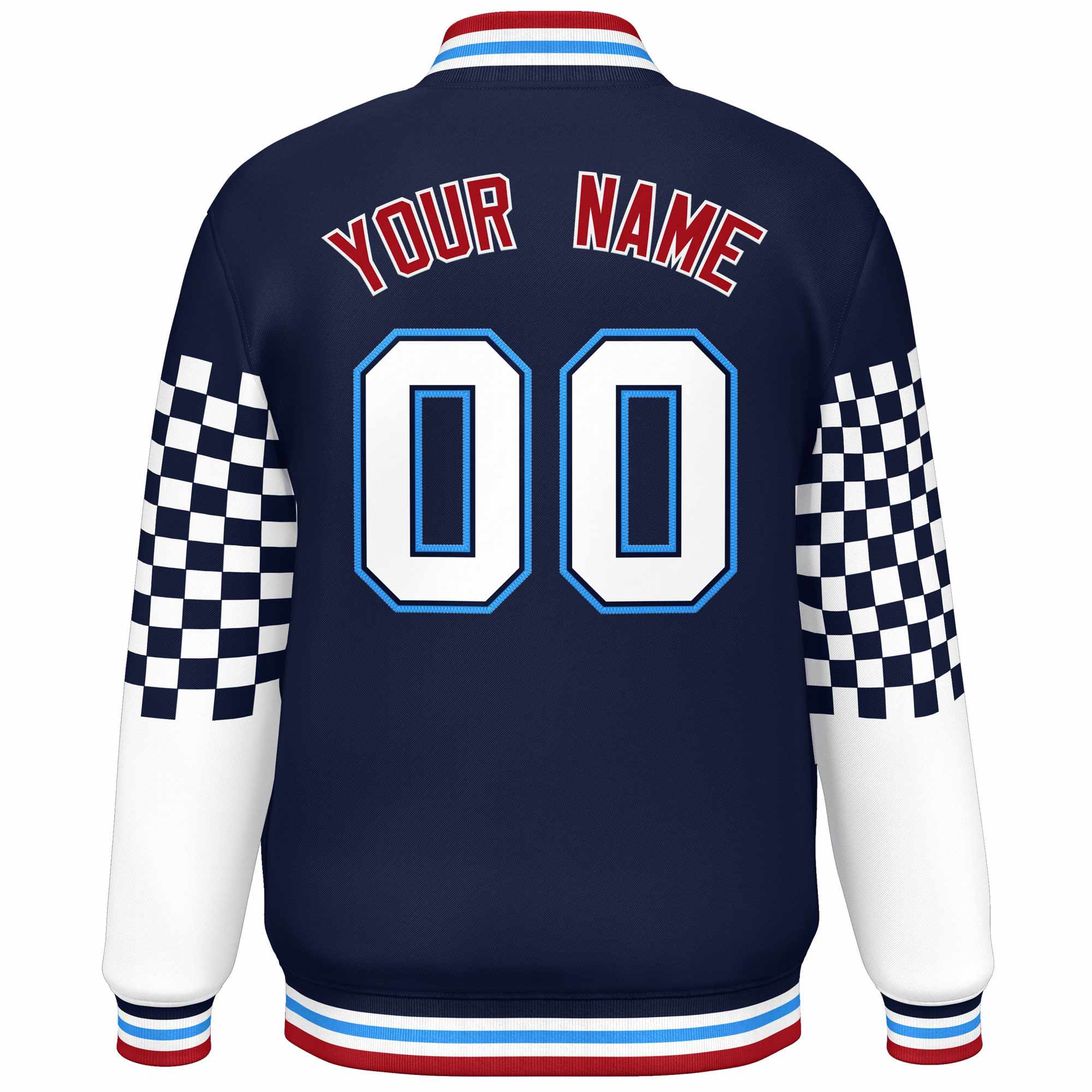 Custom Navy White-Powder Blue Checkered Pattern Color Block Bomber Varsity Jacket