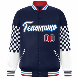 Custom Navy White-Powder Blue Checkered Pattern Color Block Bomber Varsity Jacket