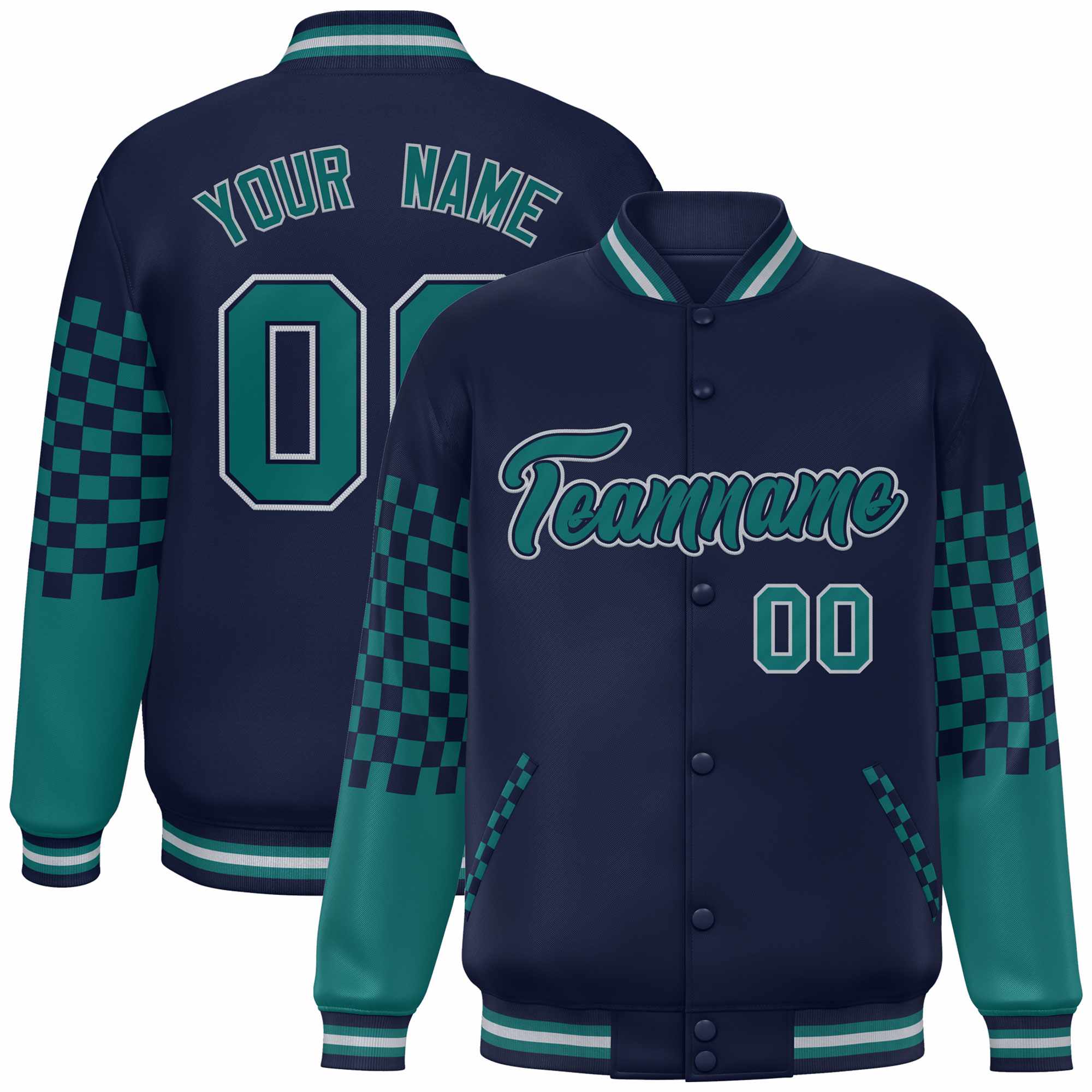 Custom Navy Aqua-Gray Checkered Pattern Color Block Bomber Varsity Jacket