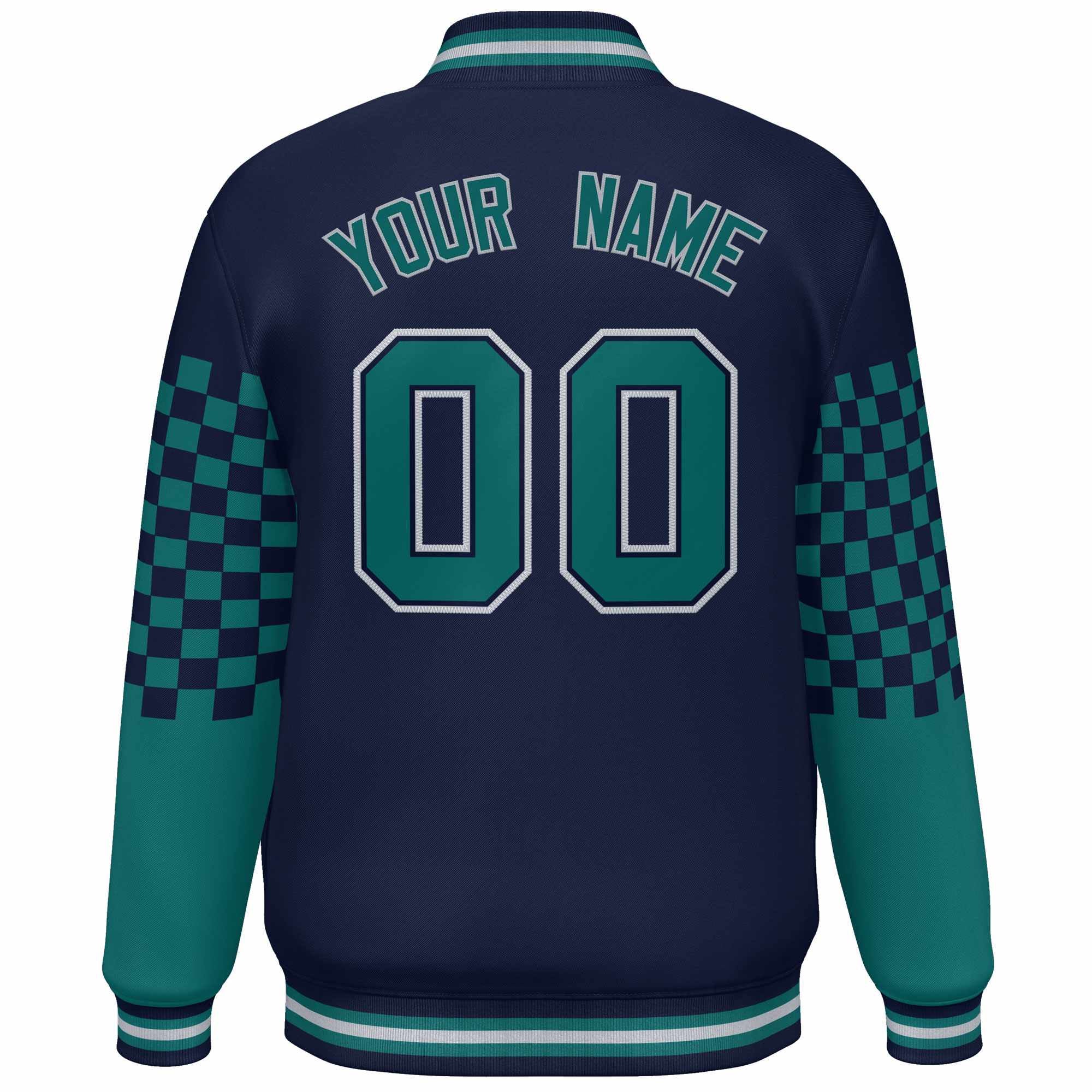 Custom Navy Aqua-Gray Checkered Pattern Color Block Bomber Varsity Jacket