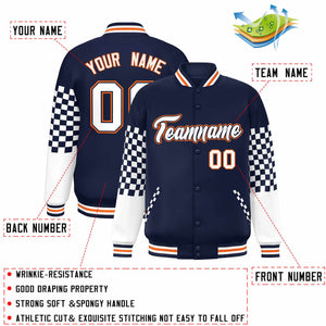 Custom Navy White-Orange Checkered Pattern Color Block Bomber Varsity Jacket