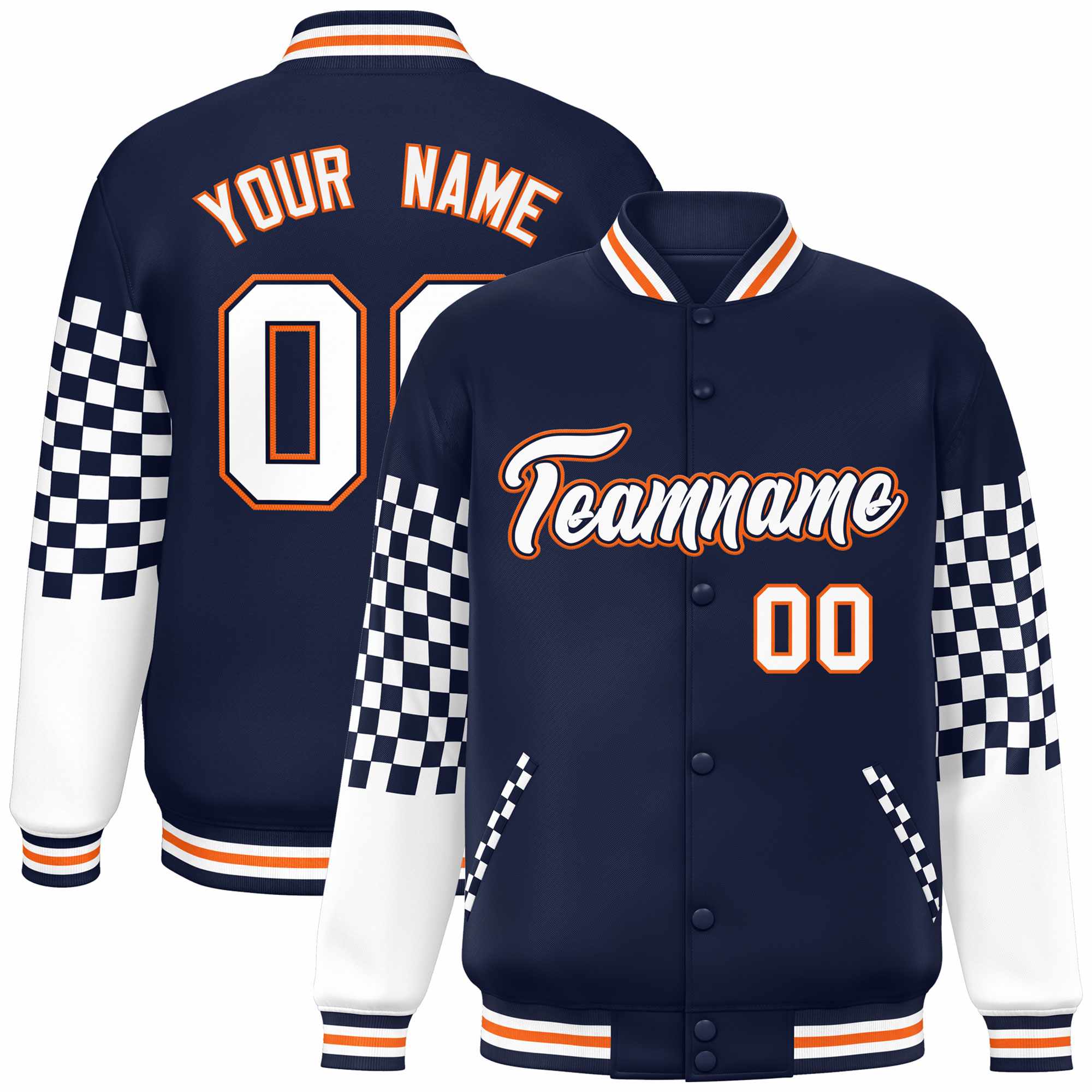 Custom Navy White-Orange Checkered Pattern Color Block Bomber Varsity Jacket