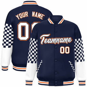 Custom Navy White-Orange Checkered Pattern Color Block Bomber Varsity Jacket