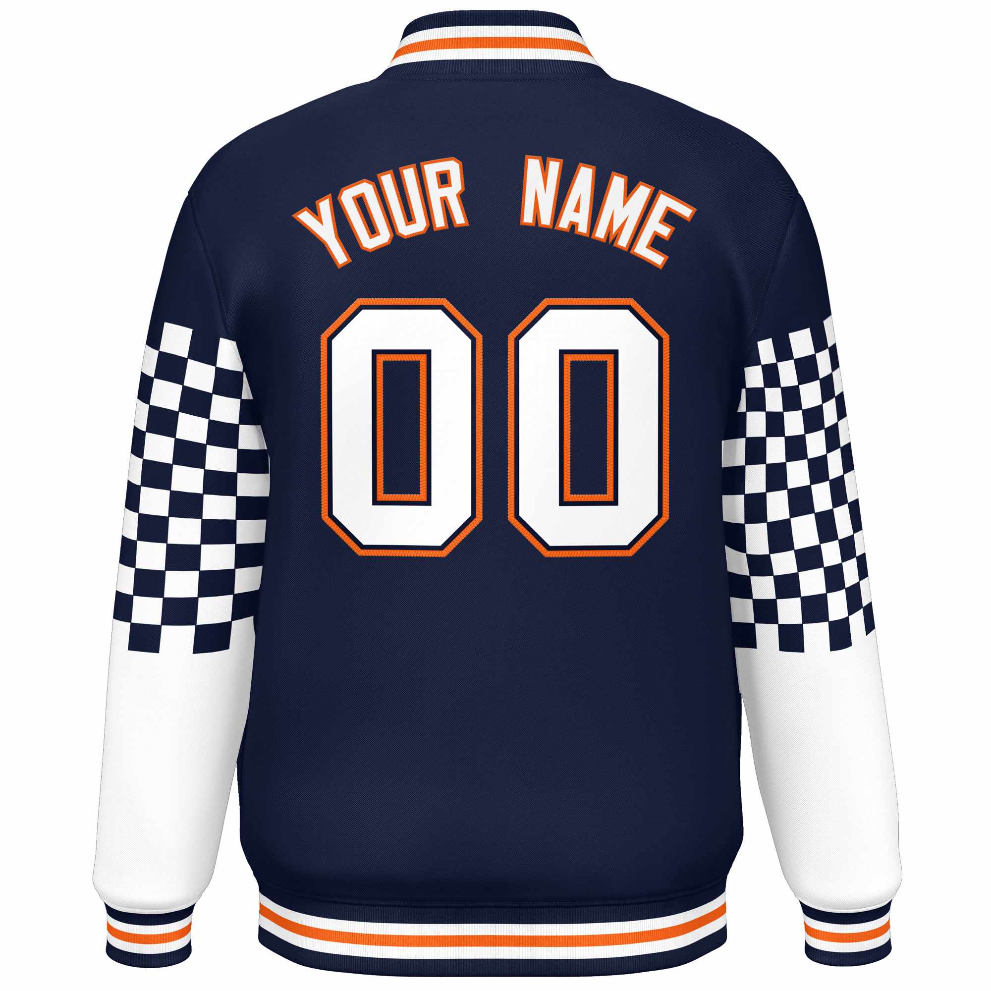 Custom Navy White-Orange Checkered Pattern Color Block Bomber Varsity Jacket