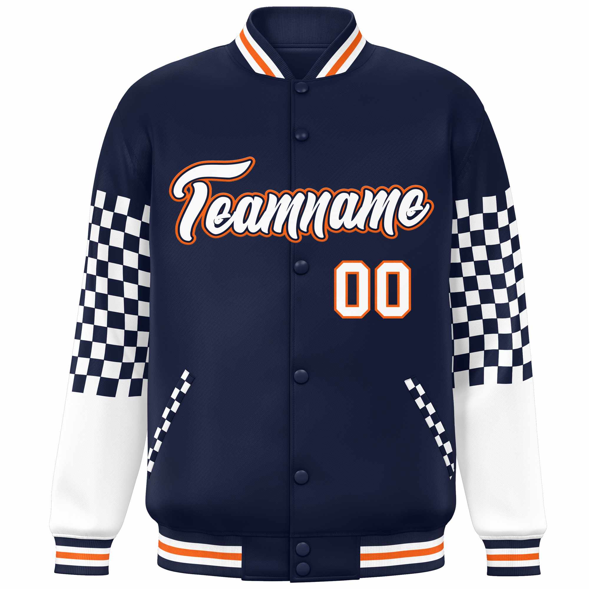 Custom Navy White-Orange Checkered Pattern Color Block Bomber Varsity Jacket