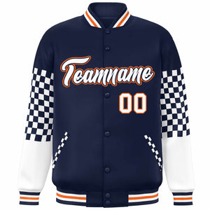 Custom Navy White-Orange Checkered Pattern Color Block Bomber Varsity Jacket