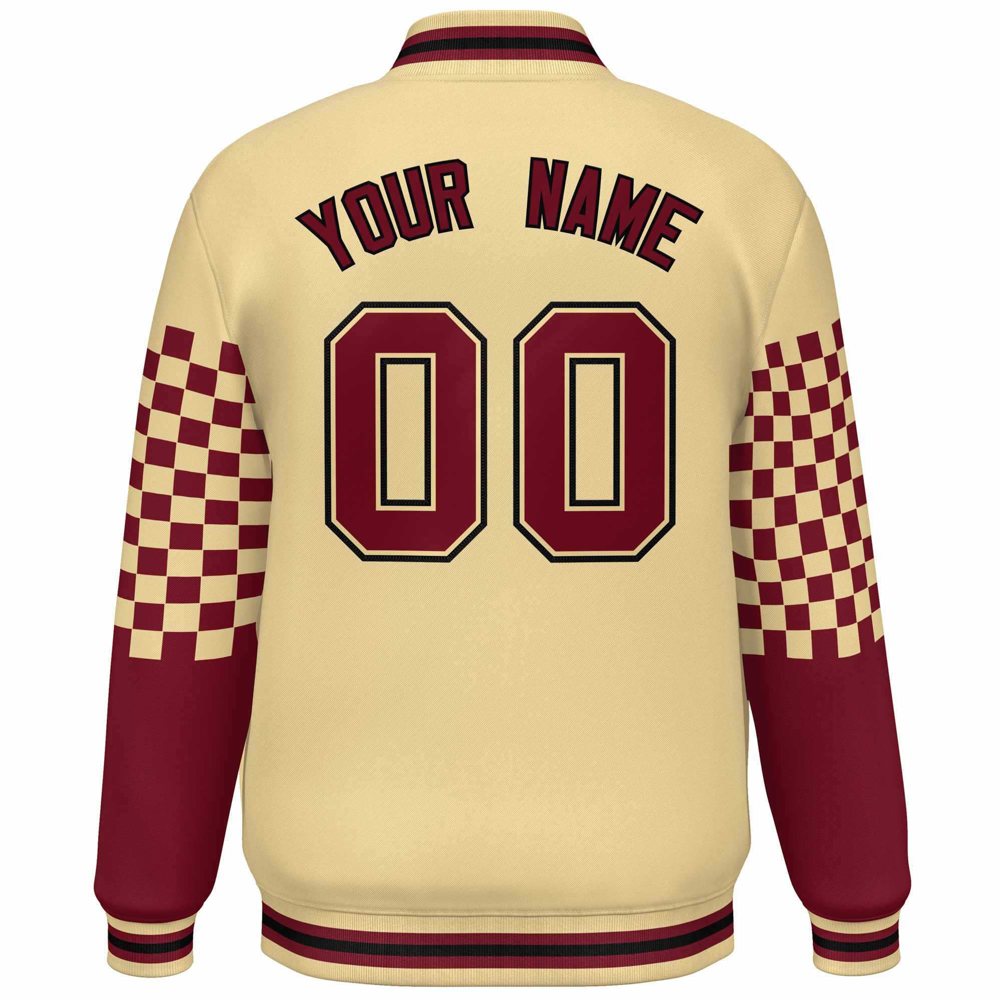 Custom Khaki Crimson-Black Checkered Pattern Color Block Bomber Varsity Jacket