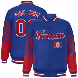 Custom Royal Red-White Checkered Pattern Color Block Bomber Varsity Jacket