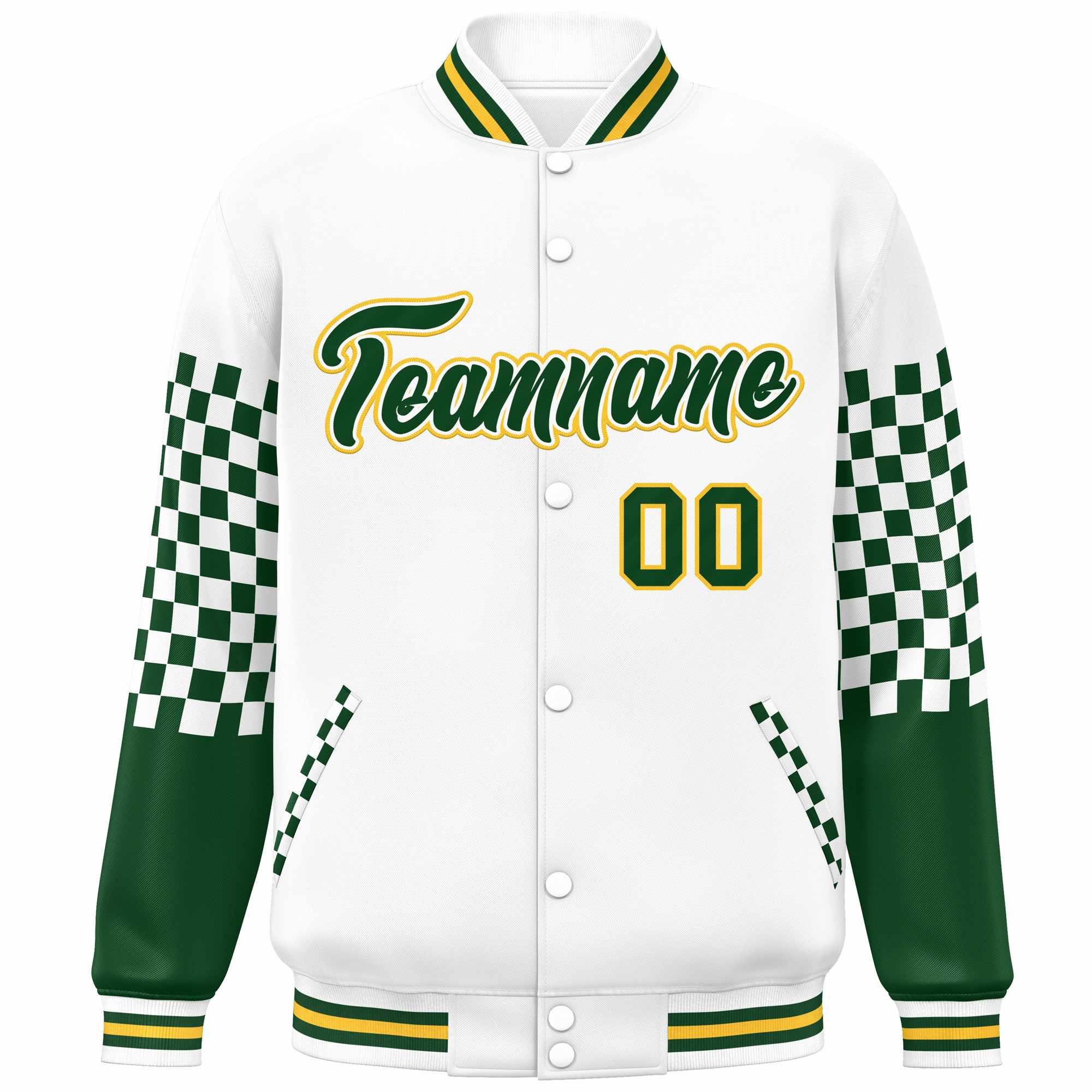 Custom White Green-Gold Checkered Pattern Color Block Bomber Varsity Jacket